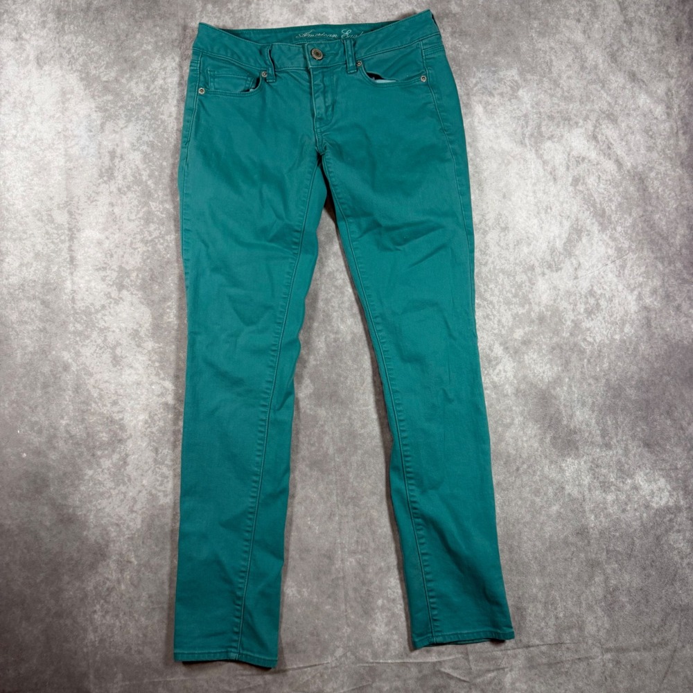 American Eagle Womens Skinny Pants 4 Teal Green Stretch Cotton Low Rise Indie